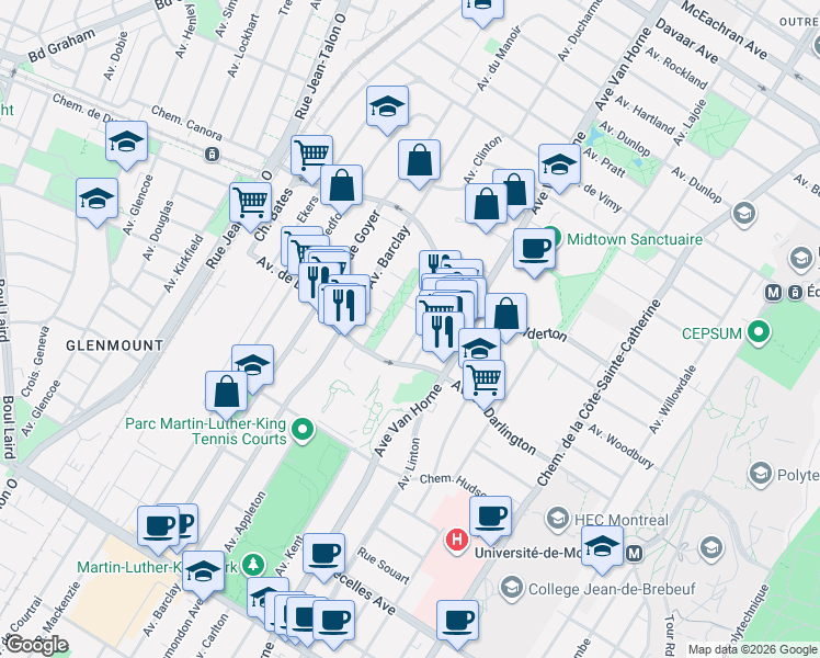 map of restaurants, bars, coffee shops, grocery stores, and more near 2775 Avenue Kent in Montrã©Al