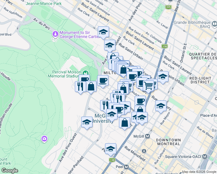map of restaurants, bars, coffee shops, grocery stores, and more near 3610 Rue Durocher in Montréal