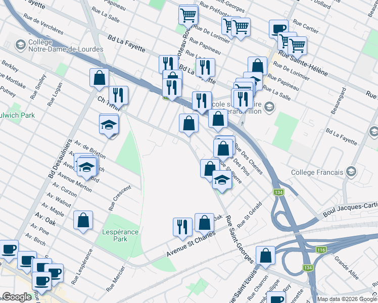map of restaurants, bars, coffee shops, grocery stores, and more near 500 Rue Saint-Georges in Saint-Lambert