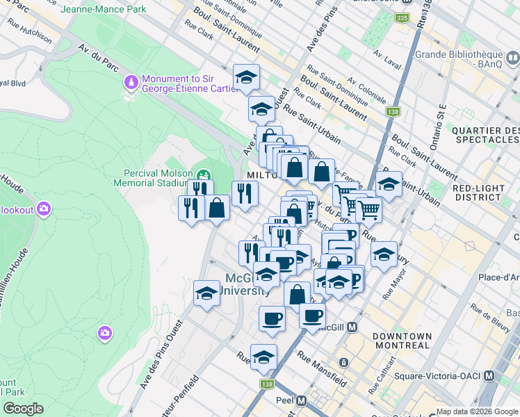 map of restaurants, bars, coffee shops, grocery stores, and more near 3610 Rue Durocher in Montréal