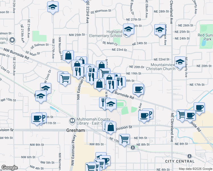 map of restaurants, bars, coffee shops, grocery stores, and more near 19201 Southeast Division Street in Gresham
