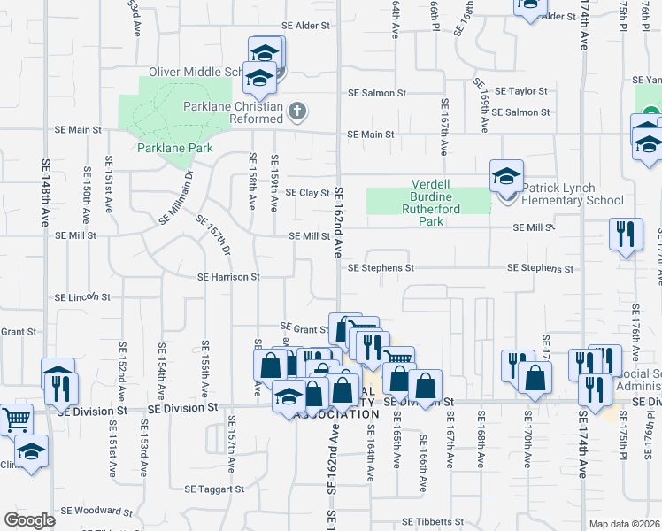 map of restaurants, bars, coffee shops, grocery stores, and more near 1948 Southeast 161st Avenue in Portland