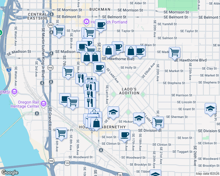 map of restaurants, bars, coffee shops, grocery stores, and more near 1314 Southeast Harrison Street in Portland