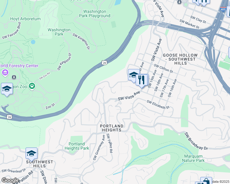 map of restaurants, bars, coffee shops, grocery stores, and more near 2610 Southwest Vista Avenue in Portland