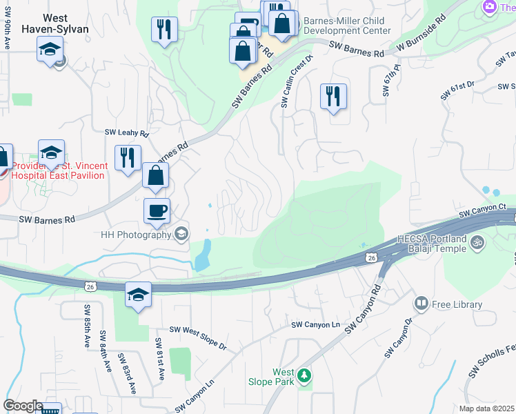 map of restaurants, bars, coffee shops, grocery stores, and more near 7522F Southwest Barnes Road in Portland
