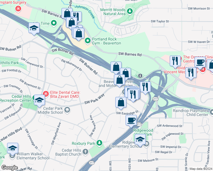 map of restaurants, bars, coffee shops, grocery stores, and more near 1585 Southwest Marlow Avenue in Portland