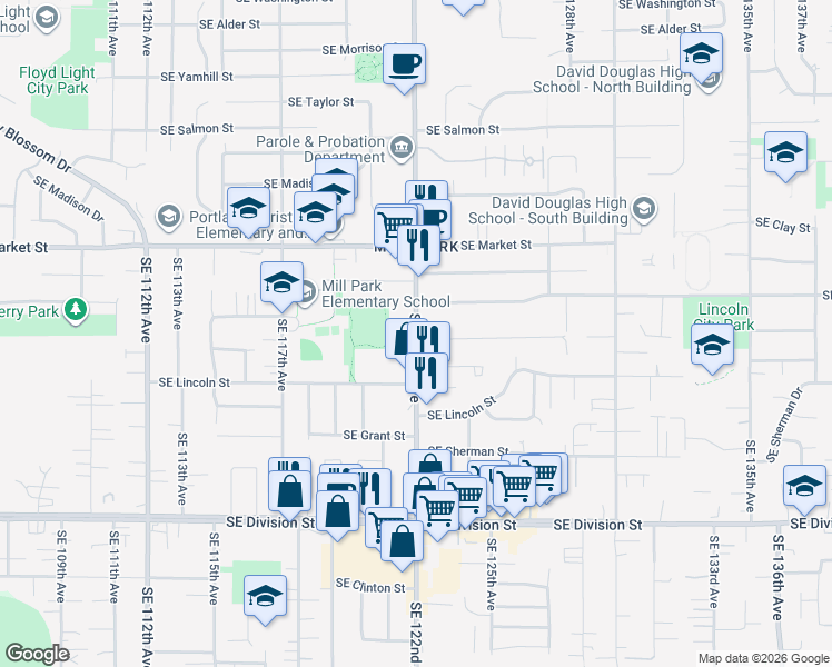 map of restaurants, bars, coffee shops, grocery stores, and more near 1943 Southeast 122nd Avenue in Portland