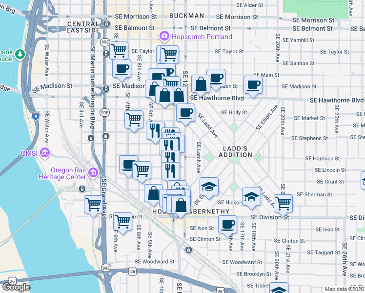 map of restaurants, bars, coffee shops, grocery stores, and more near 1903 Southeast 12th Avenue in Portland