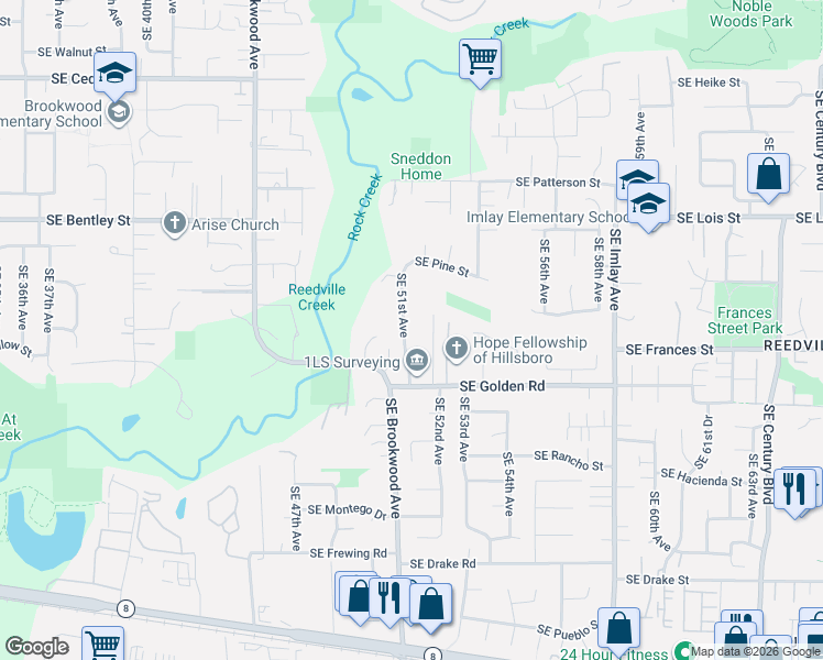 map of restaurants, bars, coffee shops, grocery stores, and more near 1533 Southeast 51st Avenue in Hillsboro