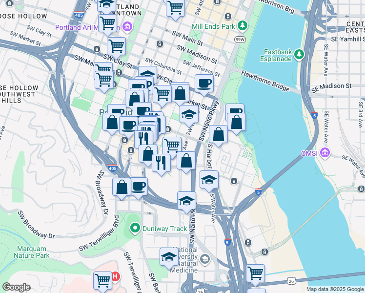map of restaurants, bars, coffee shops, grocery stores, and more near 1859 Southwest 1st Avenue in Portland
