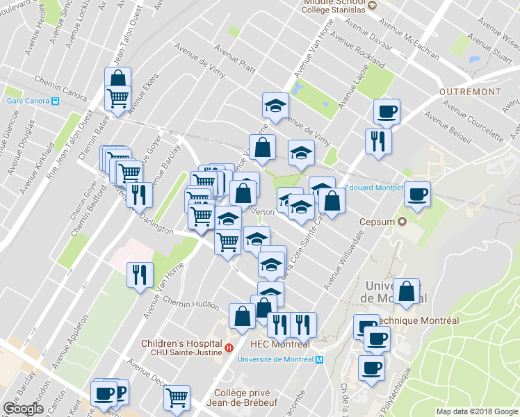 map of restaurants, bars, coffee shops, grocery stores, and more near 5971 Avenue Wilderton in Montréal