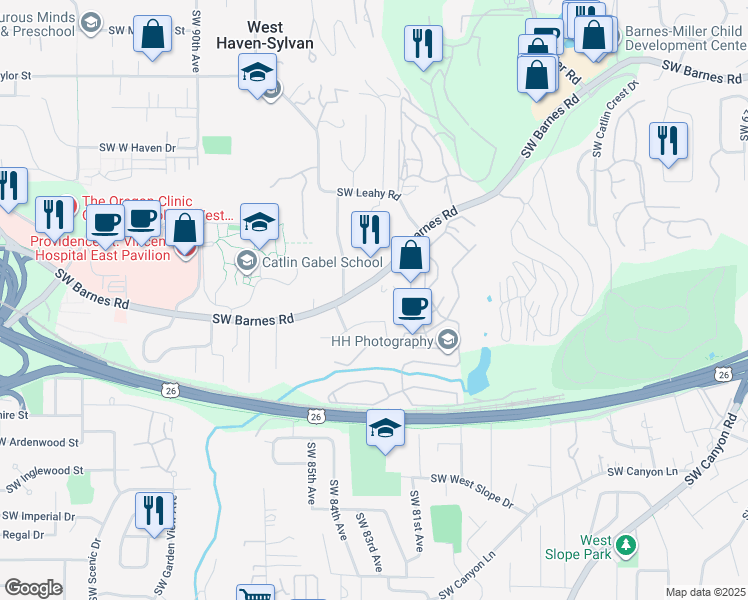 map of restaurants, bars, coffee shops, grocery stores, and more near 8300 Southwest Barnes Road in Portland