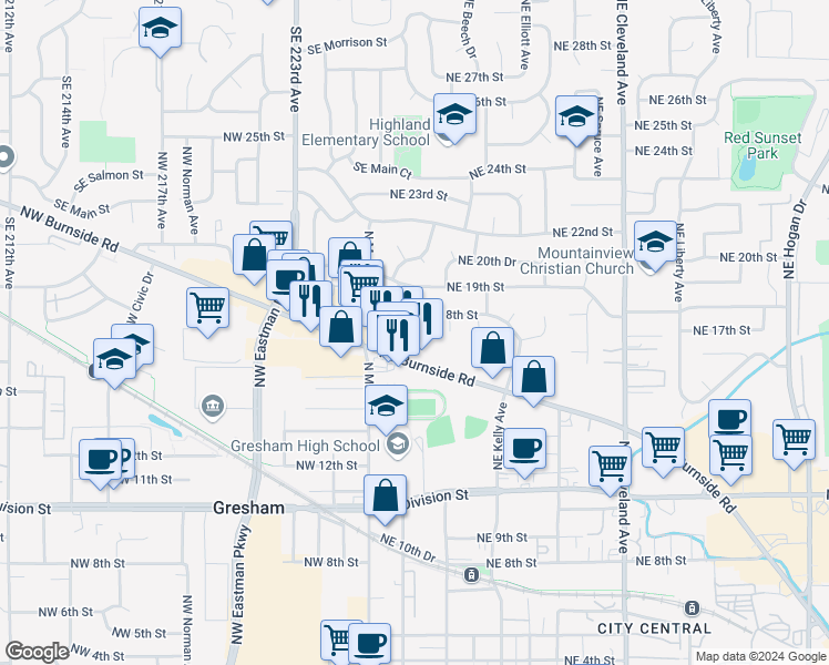 map of restaurants, bars, coffee shops, grocery stores, and more near 1743 Northeast Meadow Place in Gresham