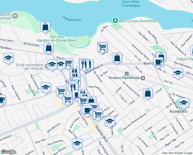 map of restaurants, bars, coffee shops, grocery stores, and more near 12 8e Avenue in Montréal