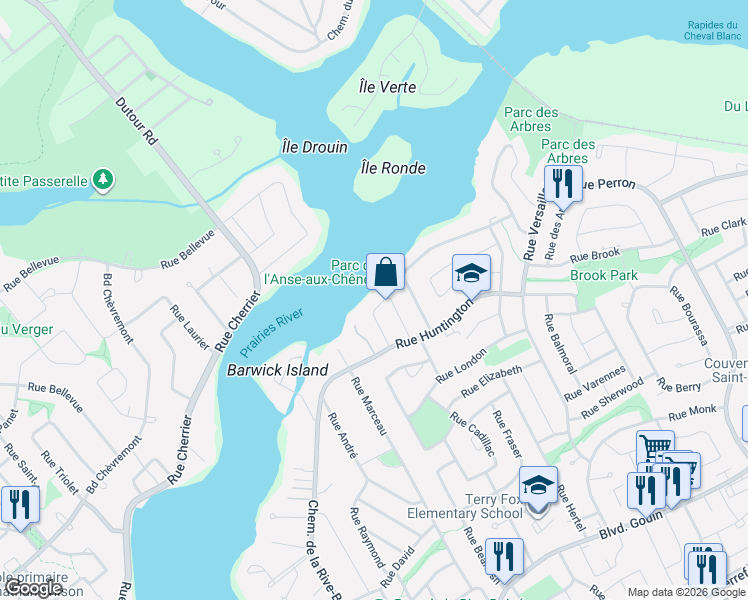 map of restaurants, bars, coffee shops, grocery stores, and more near 5227 Rue de l'Anse aux Chênes in Montréal