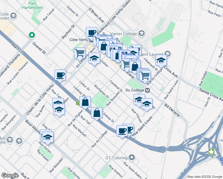 map of restaurants, bars, coffee shops, grocery stores, and more near 747 Rue Crevier in Montréal