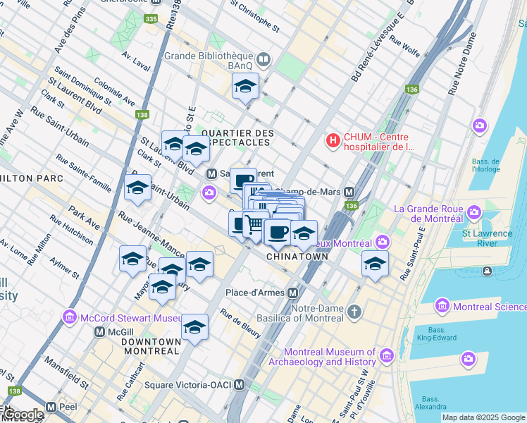 map of restaurants, bars, coffee shops, grocery stores, and more near in Montreal