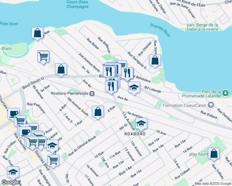 map of restaurants, bars, coffee shops, grocery stores, and more near 50 4e Avenue Sud in Montréal