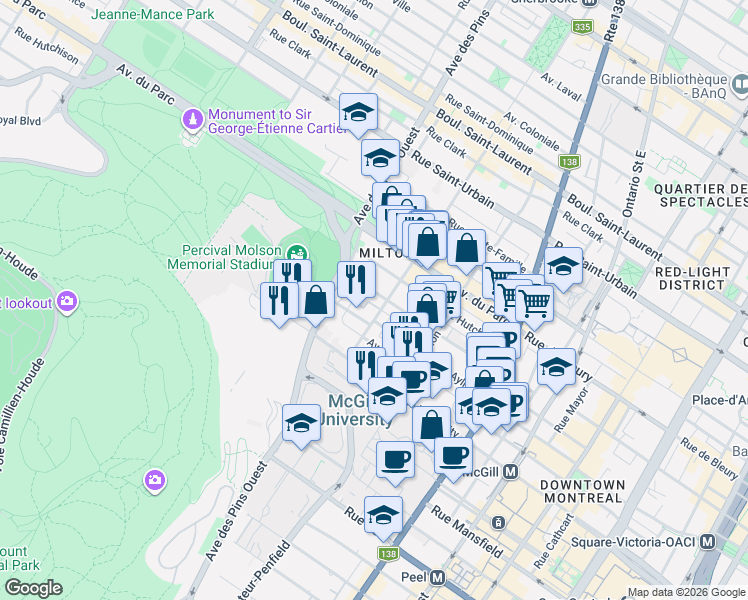 map of restaurants, bars, coffee shops, grocery stores, and more near 3616 Rue Durocher in Montréal