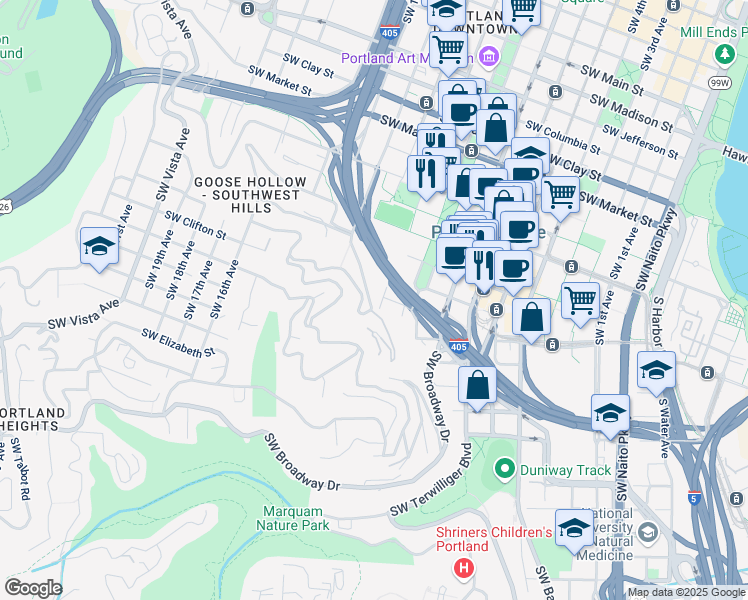 map of restaurants, bars, coffee shops, grocery stores, and more near 1238 Southwest Cardinell Drive in Portland