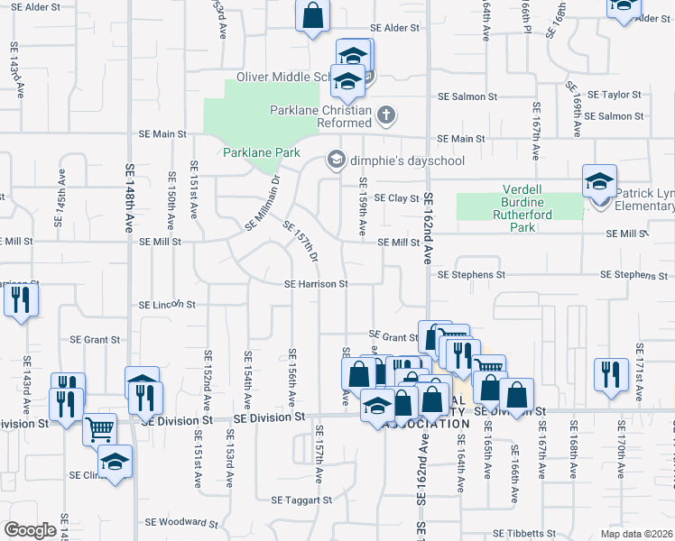 map of restaurants, bars, coffee shops, grocery stores, and more near 1911 Southeast 158th Avenue in Portland