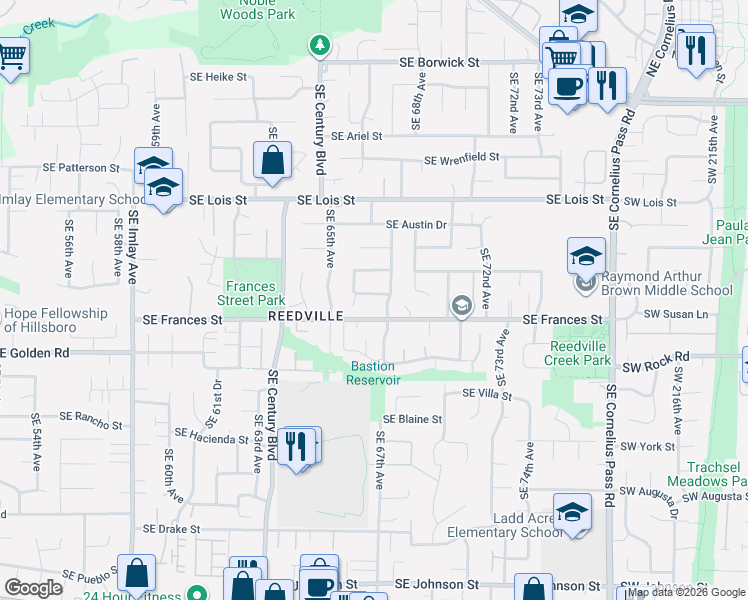 map of restaurants, bars, coffee shops, grocery stores, and more near 6658 Southeast Grace Street in Hillsboro