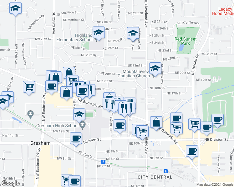 map of restaurants, bars, coffee shops, grocery stores, and more near 585 Northeast 18th Street in Gresham