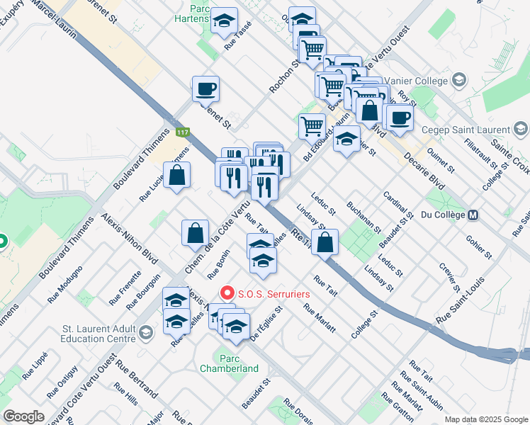 map of restaurants, bars, coffee shops, grocery stores, and more near 930 Boulevard Marcel-Laurin in Montréal