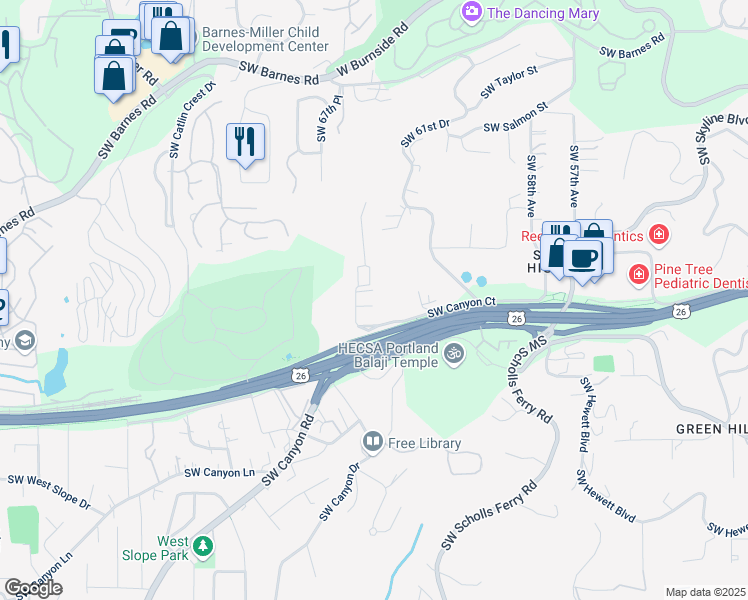 map of restaurants, bars, coffee shops, grocery stores, and more near 1350 Southwest 66th Avenue in Portland
