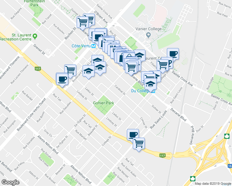 map of restaurants, bars, coffee shops, grocery stores, and more near 747 Rue Crevier in Montréal
