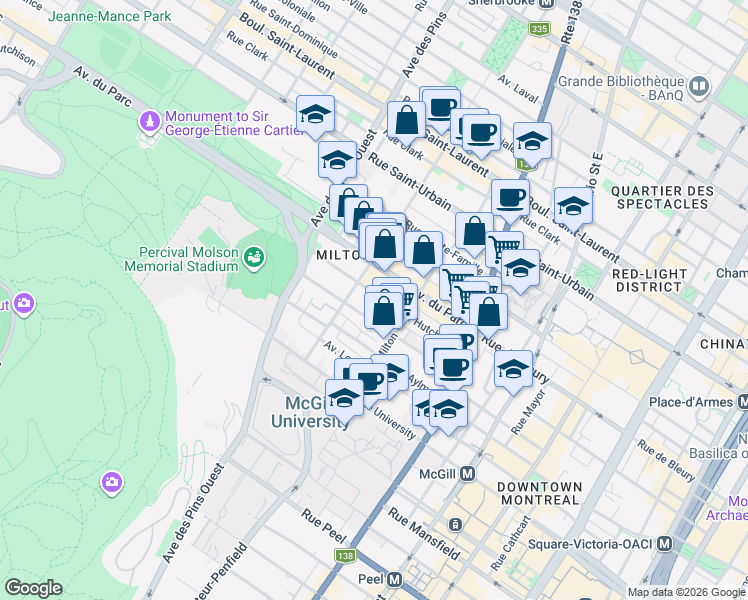 map of restaurants, bars, coffee shops, grocery stores, and more near 3558 Rue Hutchison in Montrã©Al