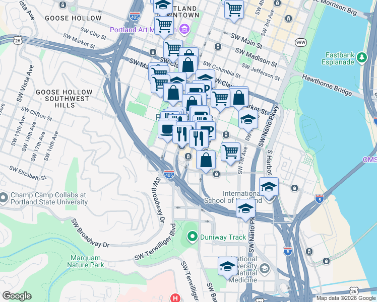 map of restaurants, bars, coffee shops, grocery stores, and more near 1955 Southwest 5th Avenue in Portland
