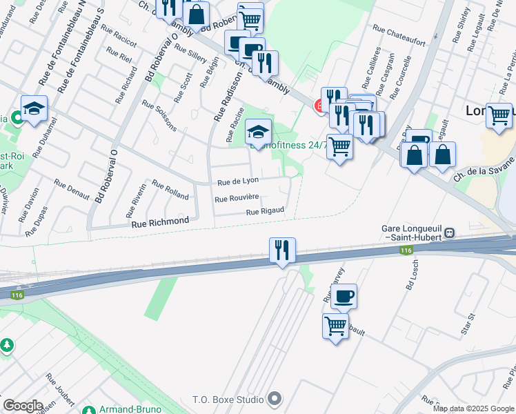 map of restaurants, bars, coffee shops, grocery stores, and more near 3522 Rue Rouvière in Longueuil