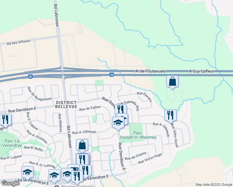 map of restaurants, bars, coffee shops, grocery stores, and more near 247 Rue de Gallichan in Gatineau