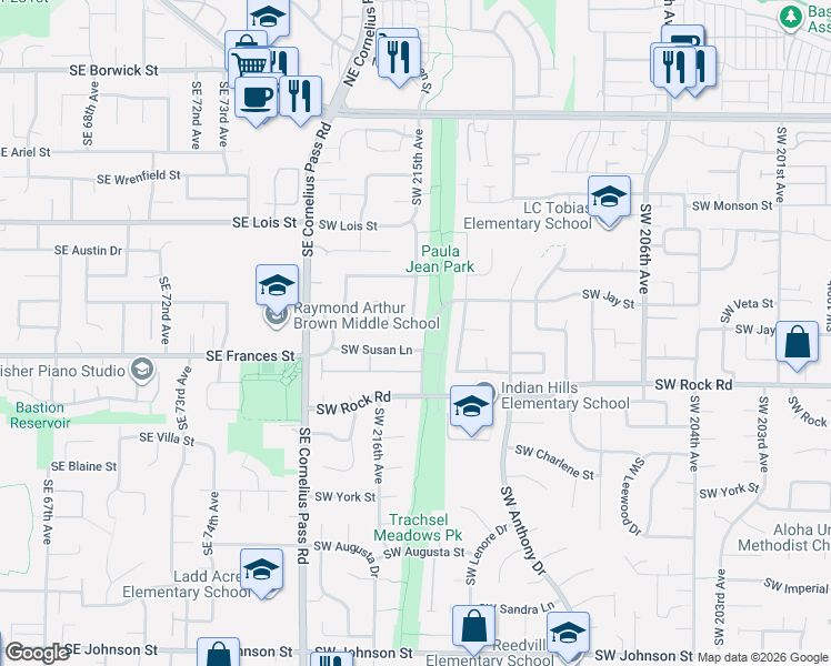 map of restaurants, bars, coffee shops, grocery stores, and more near 21498 Southwest Jay Street in Aloha