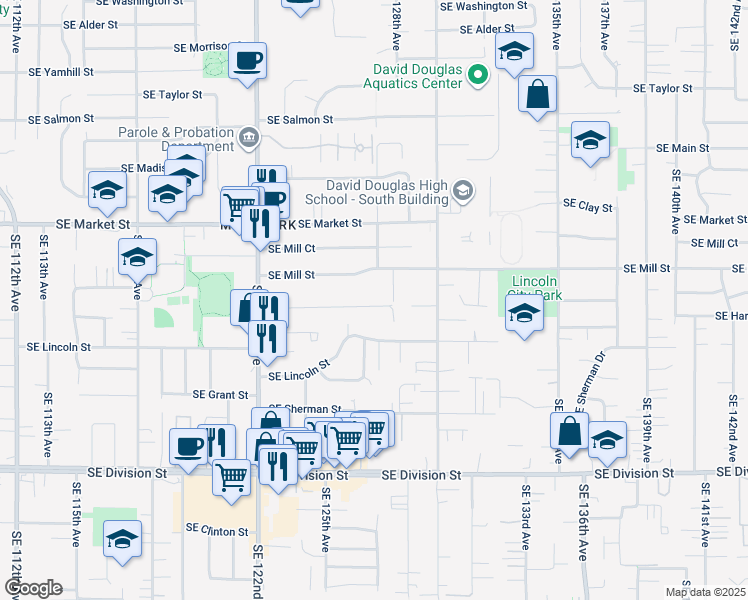 map of restaurants, bars, coffee shops, grocery stores, and more near 12734 Southeast Mill Street in Portland