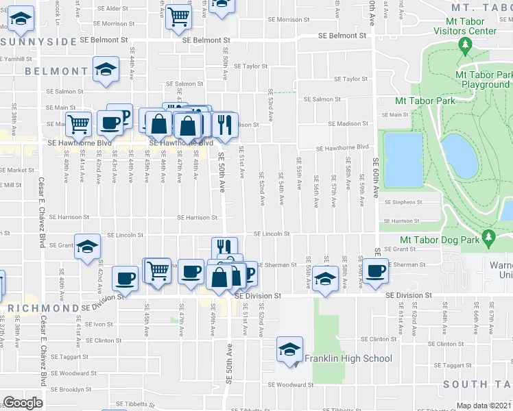 map of restaurants, bars, coffee shops, grocery stores, and more near 1746 Southeast 51st Avenue in Portland