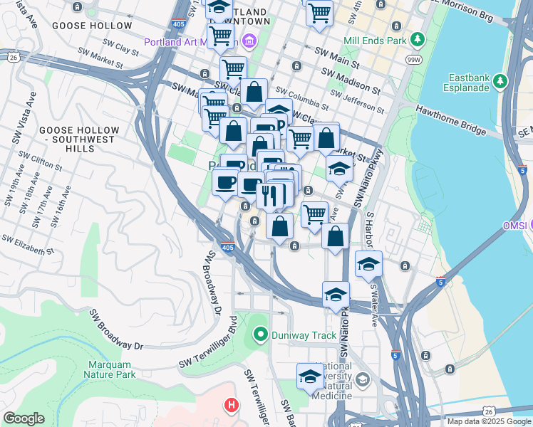 map of restaurants, bars, coffee shops, grocery stores, and more near 1881 Southwest 5th Avenue in Portland