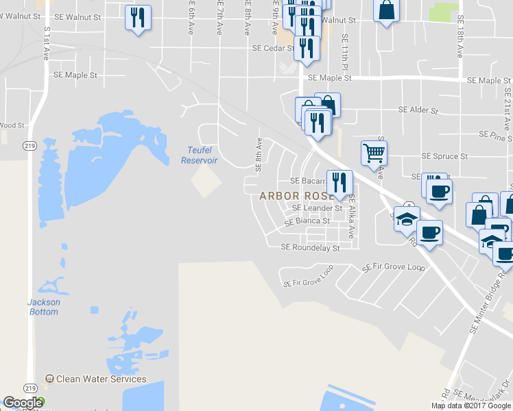 map of restaurants, bars, coffee shops, grocery stores, and more near 803 Southeast Tamango Street in Hillsboro