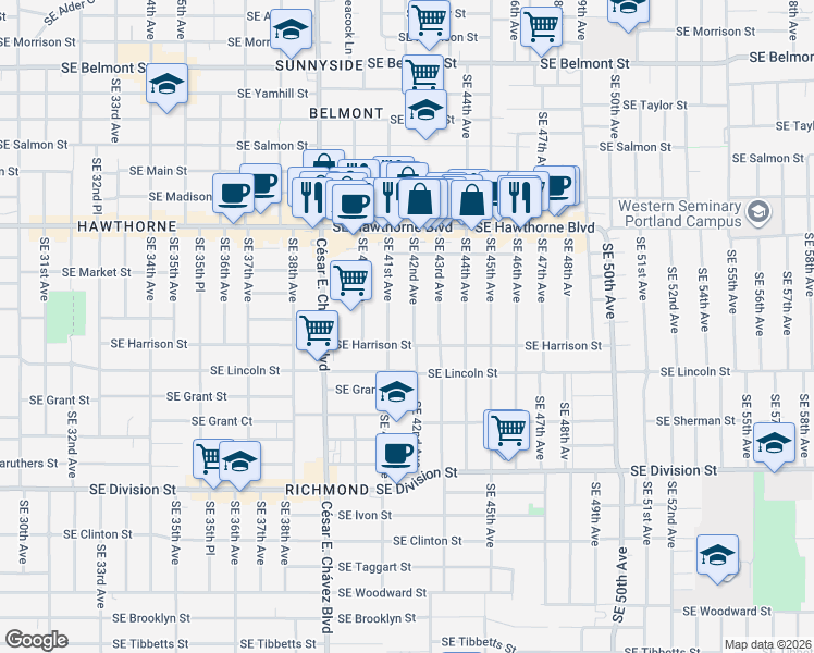 map of restaurants, bars, coffee shops, grocery stores, and more near 1911 Southeast 42nd Avenue in Portland