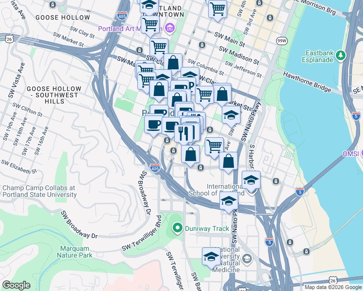 map of restaurants, bars, coffee shops, grocery stores, and more near 1881 Southwest 5th Avenue in Portland