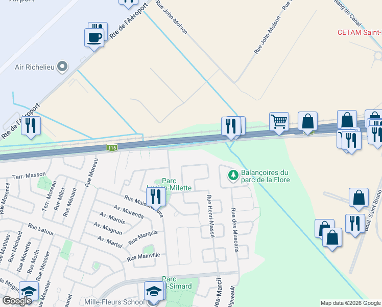 map of restaurants, bars, coffee shops, grocery stores, and more near 343 Rue Lucien-Milette in Longueuil