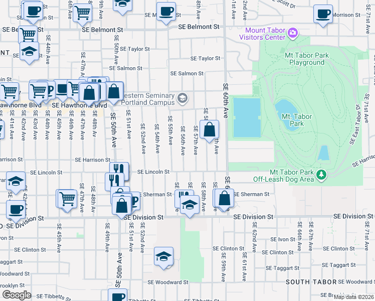 map of restaurants, bars, coffee shops, grocery stores, and more near 1816 Southeast 56th Avenue in Portland
