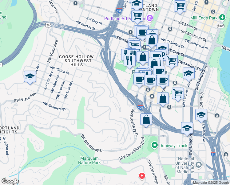 map of restaurants, bars, coffee shops, grocery stores, and more near 2031 Southwest 10th Avenue in Portland