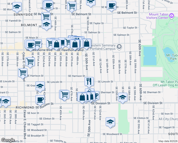 map of restaurants, bars, coffee shops, grocery stores, and more near 5030 Southeast Stephens Street in Portland