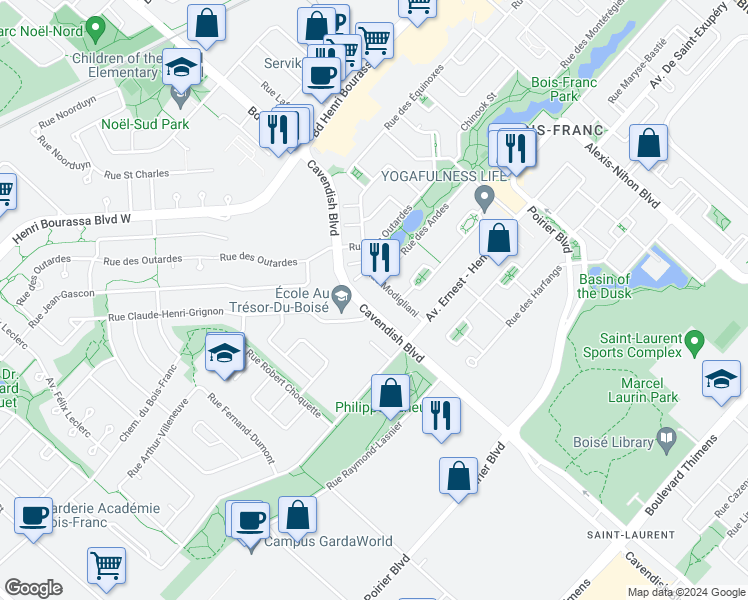 map of restaurants, bars, coffee shops, grocery stores, and more near 14065 Boulevard Cavendish in Montrã©Al
