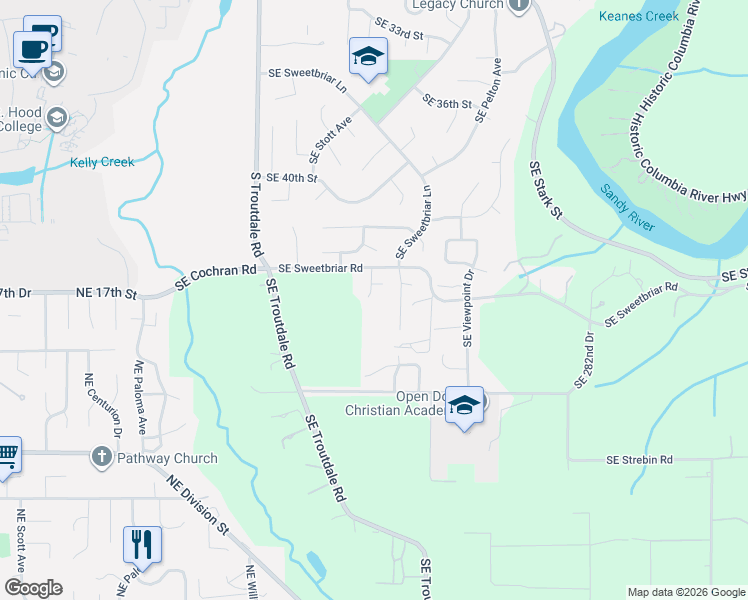 map of restaurants, bars, coffee shops, grocery stores, and more near 4424 Southeast Jones Lane in Troutdale