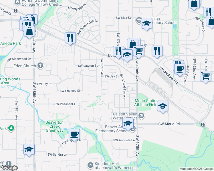 map of restaurants, bars, coffee shops, grocery stores, and more near 17413 Southwest Rose Petal Lane in Beaverton
