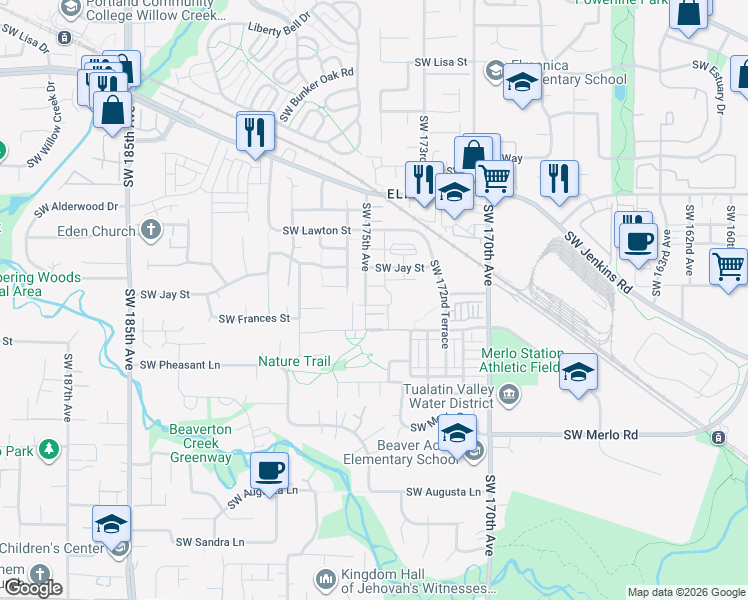 map of restaurants, bars, coffee shops, grocery stores, and more near 1353 Southwest 175th Avenue in Beaverton