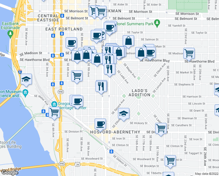 map of restaurants, bars, coffee shops, grocery stores, and more near Southeast Stephens Street & Southeast 12th Avenue in Portland